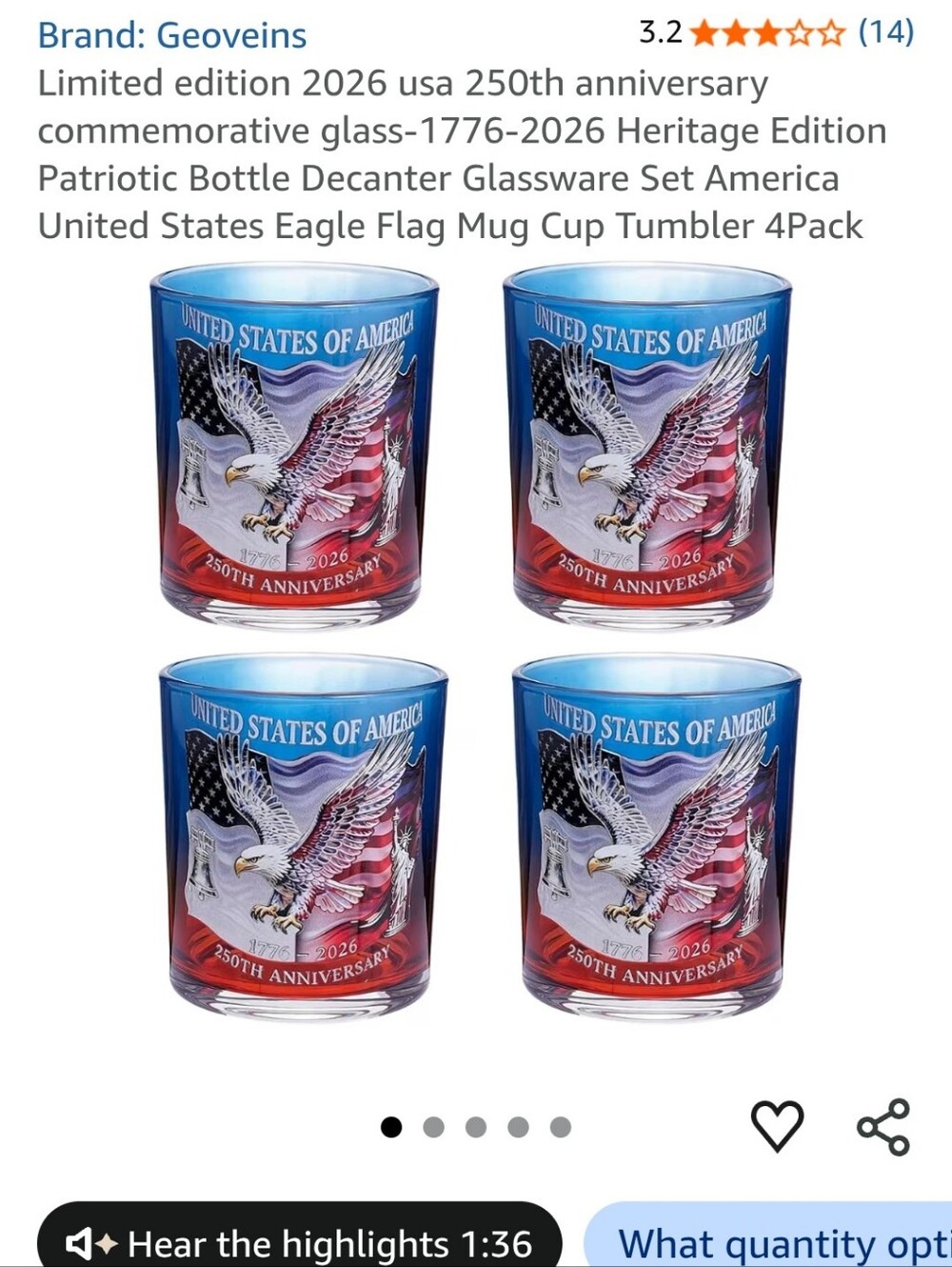 Patriotic Eagle 250th Anniversary Glass Tumbler - Blue/Red (Set of 4)